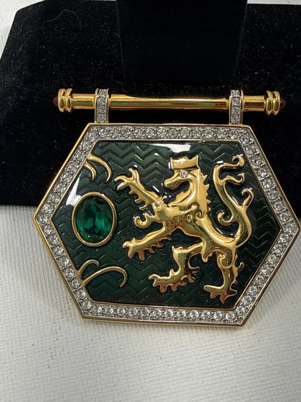 Vintage Swarovski Heraldic Lion Shield Brooch, 1990s, Swan Signed, Green Enamel